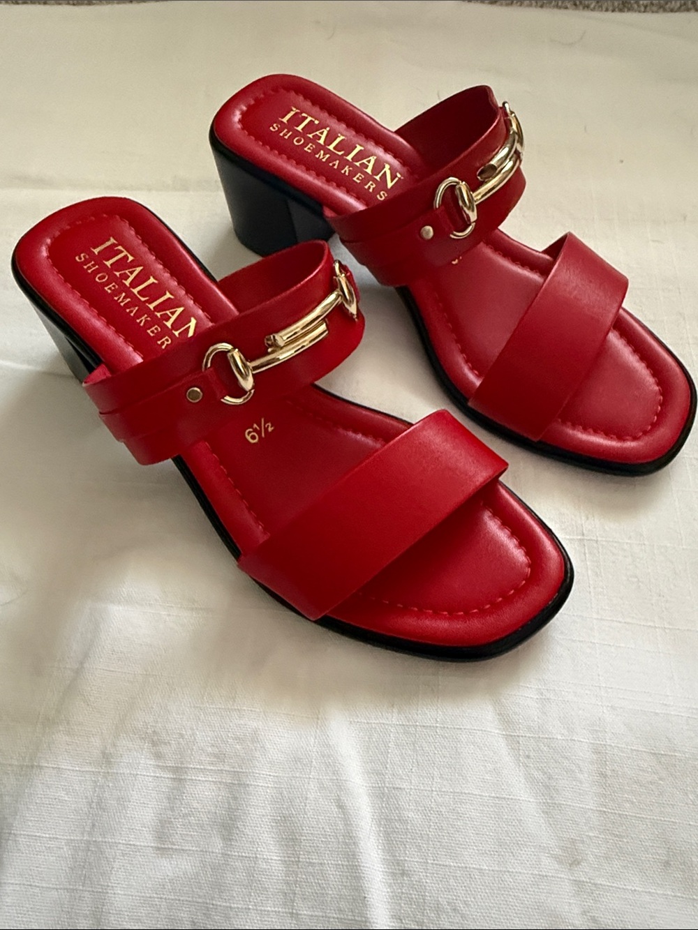 Italian Shoemakers Red Leather Block Heel Mules with Gold Accent
